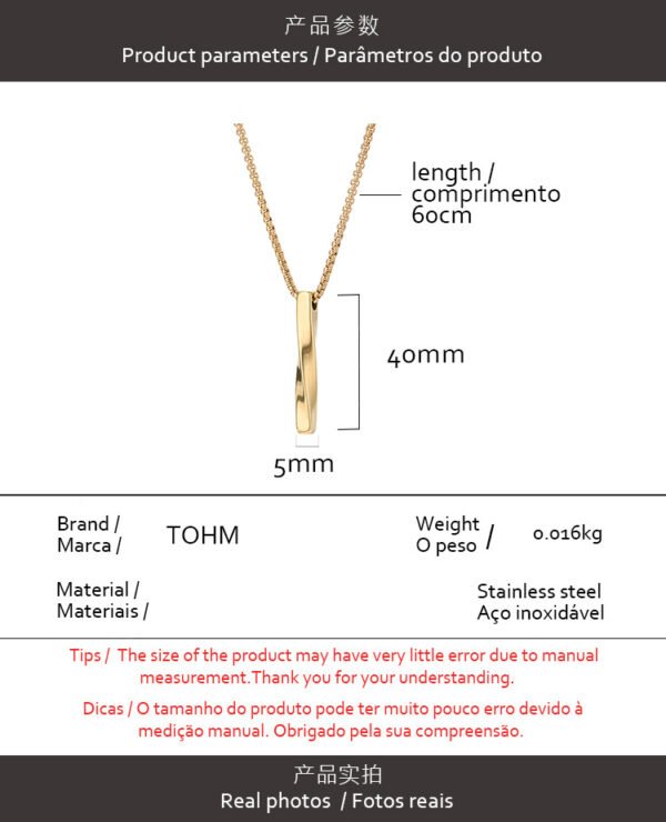 Simple 18-karat gold plated stainless steel smooth long necklace cross border personality spiral titanium steel pendant collarbone chain for men - Image 3