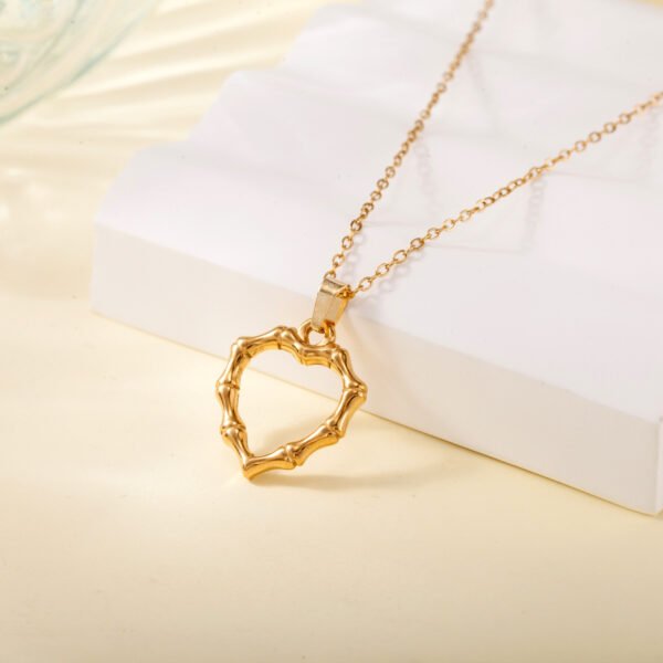 Cross-border Europe and the United States ins style retro gold bamboo knot love shaped titanium steel necklace simple stainless steel pendant collar bone chain - Image 4