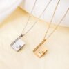 18K gold plated titanium steel block envelope pendant clavicle chain artsy vintage style stainless steel open and close book necklace - Image 2